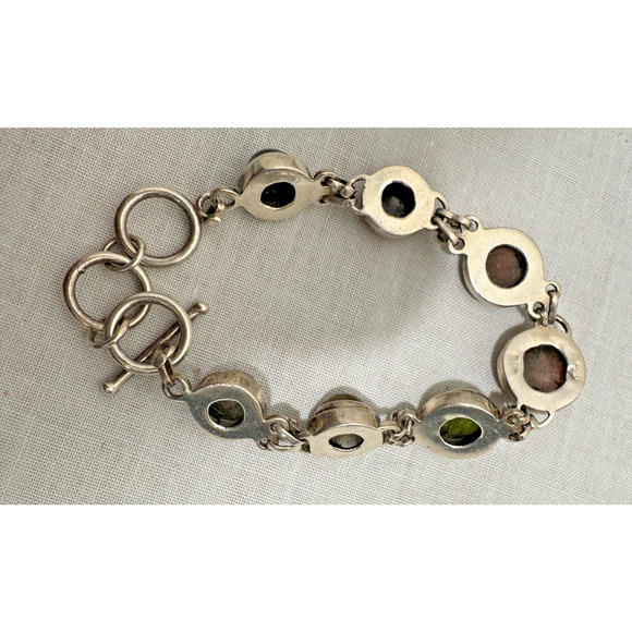 Sterling Silver Link Toggle Bracelet Multi Color 7 Stones Graduated Cabochons - Picture 6 of 8